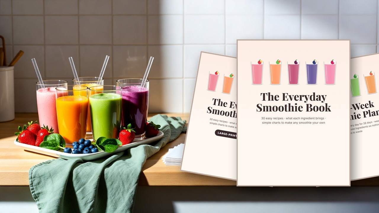 The Everyday Smoothie Book with the large-print edition and 4-week plan