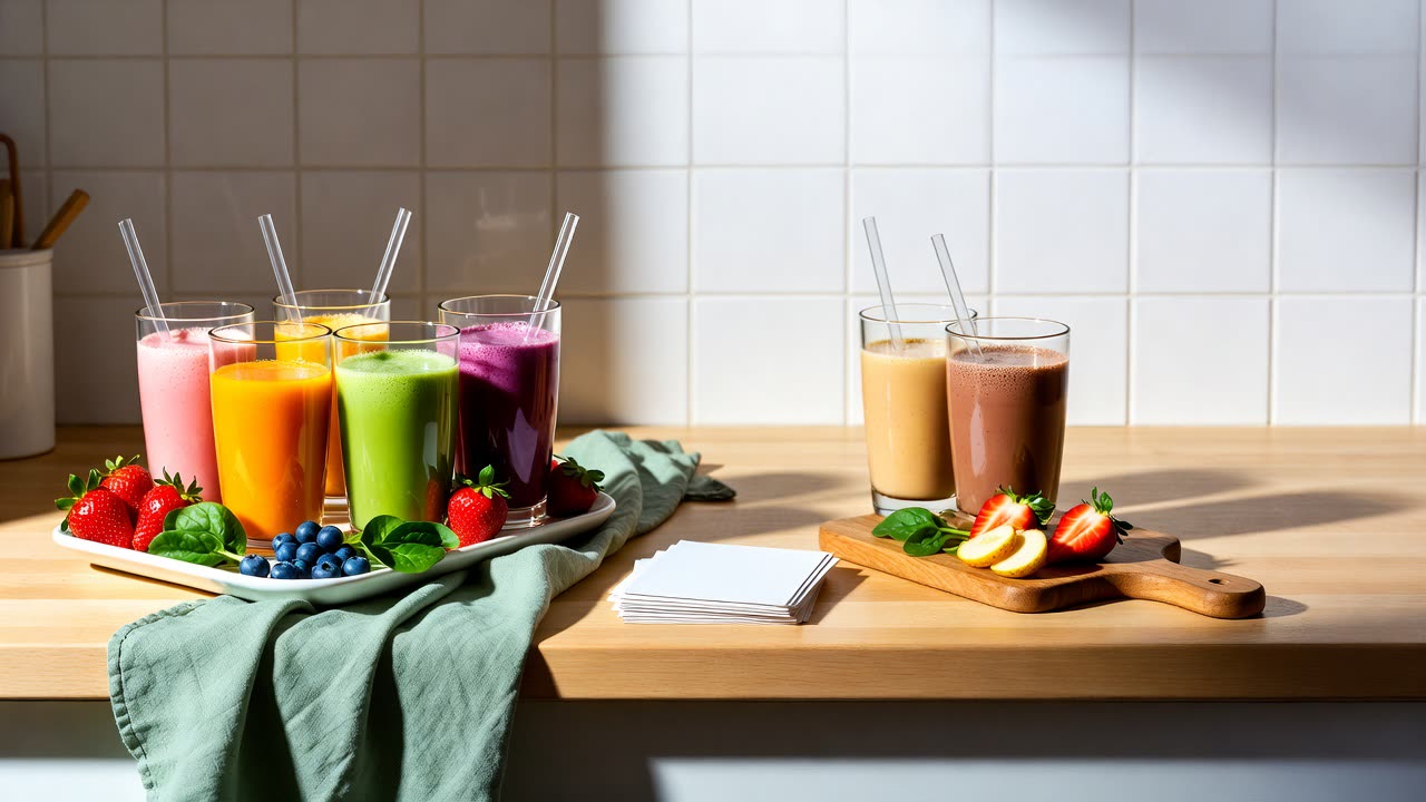Smoothies on a tray with fresh fruit