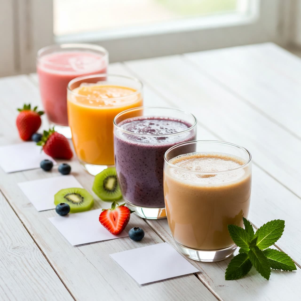 A row of colorful smoothies