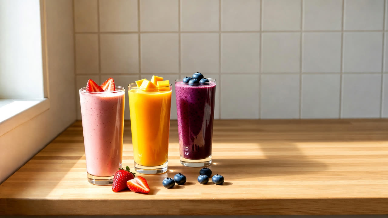 Three fresh smoothies on a kitchen counter